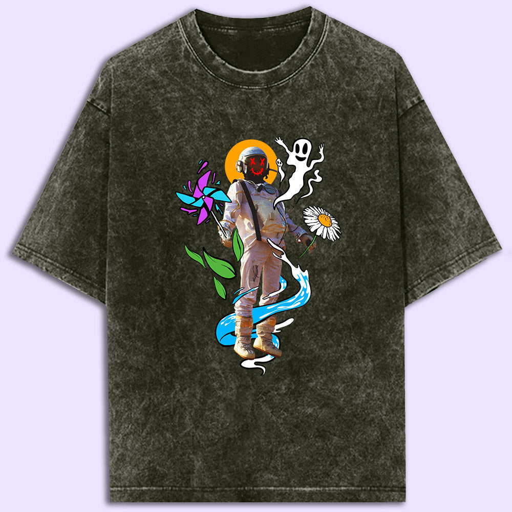 Trippy Astronaut Acid Wash Oversized T-Shirt