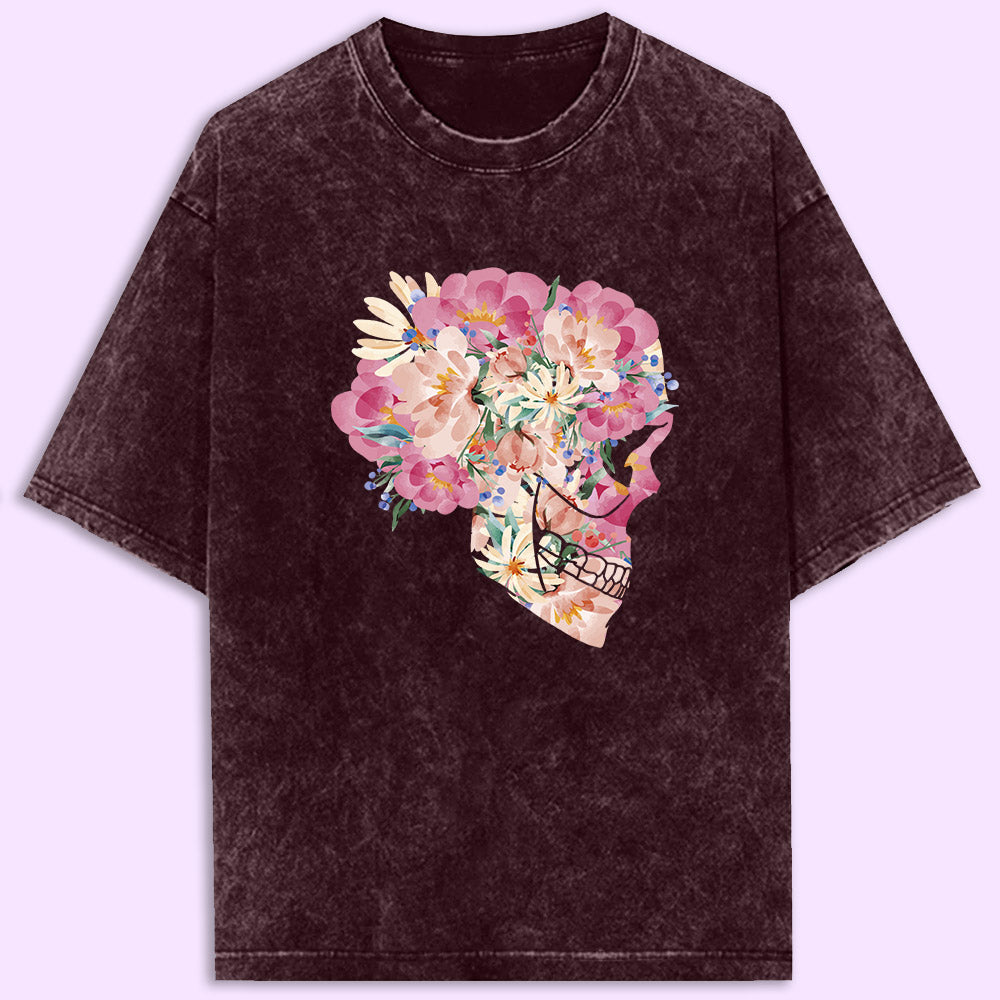 Floral Skull Acid Wash Oversized T-Shirt